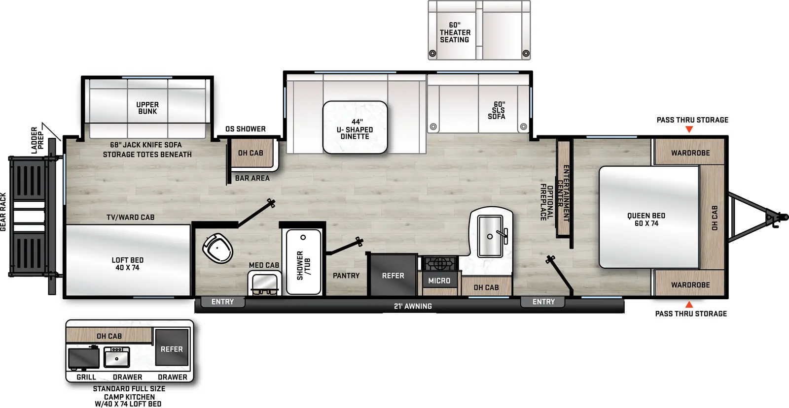 The 323BHDSCK has two slide outs and two entries. Exterior features a 21 foot awning, full size camper kitchen with pull out griddle, sink refrigerator, drawers and overhead cabinet, front pass-thru storage, outside shower, and rear cargo rack. Interior layout front to back: foot facing queen bed with overhead cabinet and wardrobes on each side; entertainment center along inner wall; off-door side slide out with sofa and u-shaped dinette; door side entry, kitchen counter with sink, overhead cabinet, cook top, microwave, and refrigerator; door side full bathroom with medicine cabinet and second entry; off-door side pantry; rear bunk room with off-door side slide out with COA cube futon with flip up bunk above, and door side loft bed with wardrobe/TV cabinet below and wardrobe with drawers. Optional fireplace available on living room entertainment center.